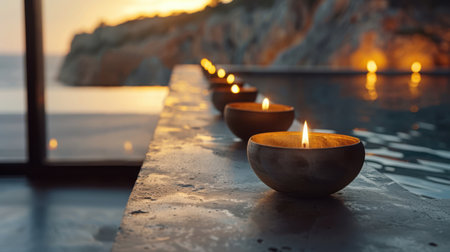 Candles on the terrace of a private house in the evening lightの素材
