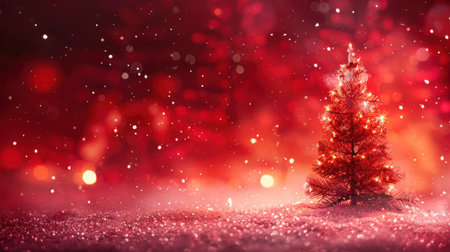 Christmas background with Christmas tree and bokeh lights on red backgroundの素材