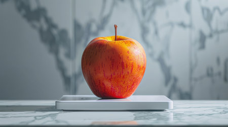 Red apple on a weight scale on a marble table. 3d renderingの素材