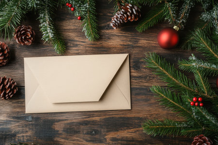 Christmas greeting card with envelope and fir branches on wooden background, top viewの素材