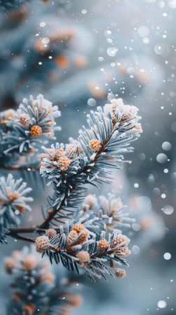 Fir branches covered with hoarfrost and snow. Winter backgroundの素材