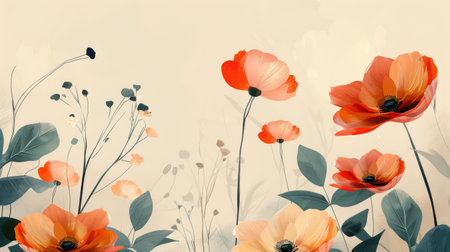 Abstract floral background with poppies and leaves, retro style.の素材