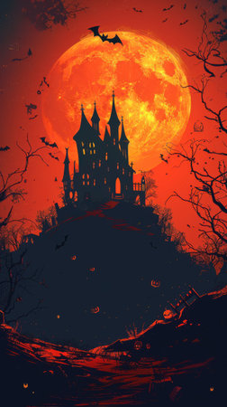 Halloween background with haunted castle and full moon. Vector illustration.の素材