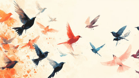 Flying birds on watercolor background. Birds fly in the sky.の素材
