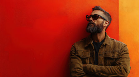 Portrait of a bearded man in sunglasses against a red wall.の素材