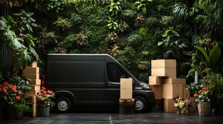 Delivery van with cardboard boxes in the garden, 3d rendering.の素材