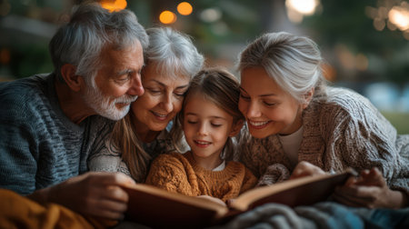 Warm portrait of three generations - grandparents, mom, and little girl - reading a book together at home in the evening. Family love, bonding, and cozy time across generations.の素材