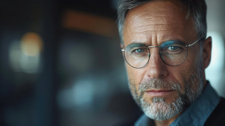 Portrait of senior businessman with eyeglasses looking at camera in officeの素材