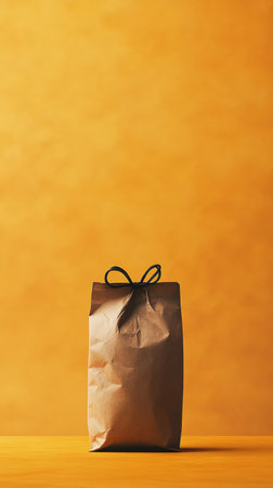 Brown paper bag with black ribbon on yellow background. Copy space.の素材