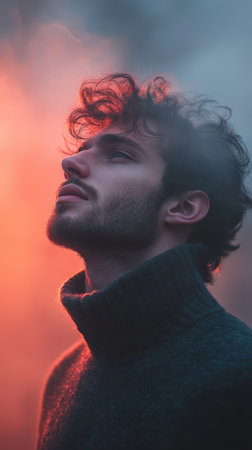 Side profile portrait of a handsome young man standing in the fog against a moody gray and red background. Stylish and modern concept of male fashion, confidence, and mystery.の素材