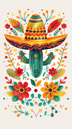 Mexican sombrero, cactus, flowers and leaves. Vector illustration.の素材