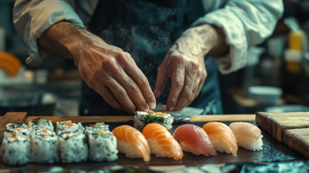 Close-up cropped image of a male chef's hands carefully preparing fresh sushi rolls with salmon and rice in a restaurant kitchen. Japanese cuisine concept. Perfect culinary food.の素材