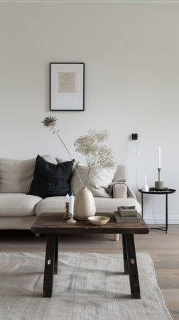 Modern living room interior design with white sofa, coffee table, black vase, candles and postersの素材