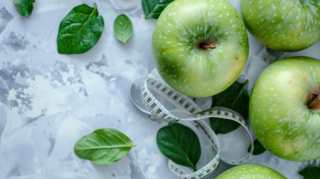 Green apples, measuring tape and green leaves on a light background. Diet concept.の素材