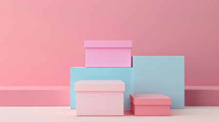 3d rendering of abstract minimal geometric forms. Pink and blue podiums for product presentation.の素材