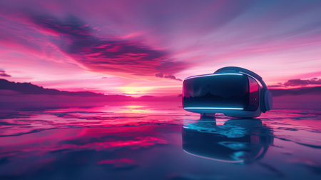 Virtual reality headset on the water with sunset background. 3d renderingの素材