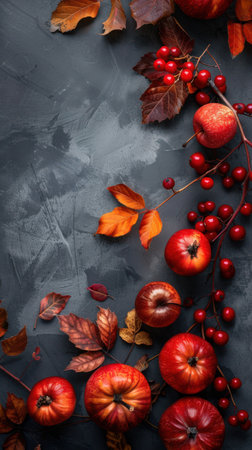 Autumn composition with pumpkins, leaves and berries on dark backgroundの素材