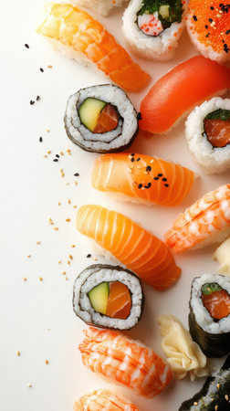 Delicious sushi rolls on white background, top view. Japanese foodの素材