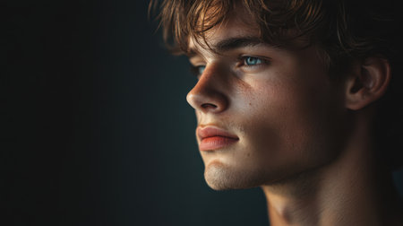 Portrait of a handsome young man in profile on a dark backgroundの素材
