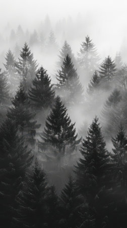Foggy forest in the mountains. Black and white photo.の素材