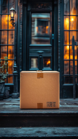 Cardboard box in front of the entrance to a residential building.の素材