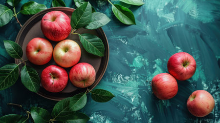 Top view of red apples on a round black plate with green leaves on a painted green table. Fresh fruits for healthy eating, diet or weight loss concept. Minimal food mockup with.の素材
