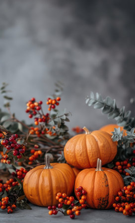 Autumn composition with pumpkins and rowan berries on grey backgroundの素材