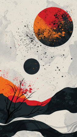 Abstract landscape with mountains, sun and clouds. Hand drawn illustration.の素材