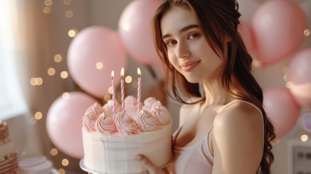 Beautiful young woman with birthday cake on blurred background, closeupの素材