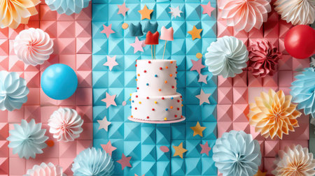 Cake with flowers and balloons on colorful paper background. Top viewの素材
