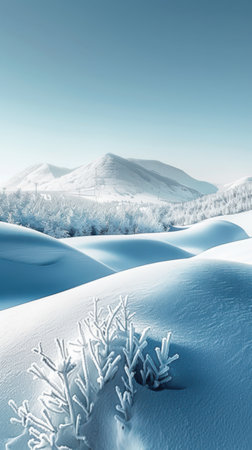 Winter landscape with snow covered trees and mountains in the background. Computer generated image.の素材