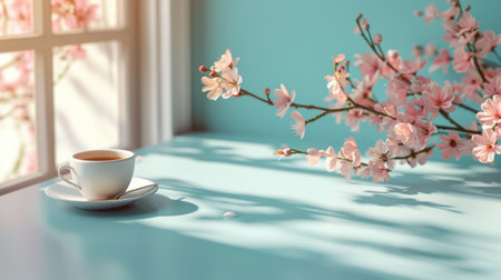 Cup of tea and cherry blossom branch on blue wall backgroundの素材