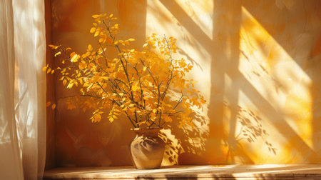 Vase with yellow autumn leaves on the windowsill in the sunlightの素材
