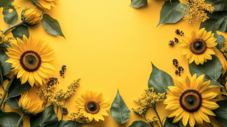 Flowers composition. Frame made of sunflowers on yellow background. Flat lay, top view, copy spaceの素材