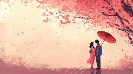 Asian couple in love with umbrella and cherry blossom background. Mixed mediaの素材