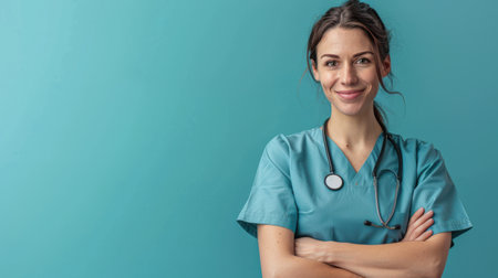 Portrait of a smiling nurse with stethoscope on blue backgroundの素材