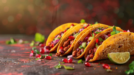 Traditional mexican tacos with meat and vegetables on dark background.の素材
