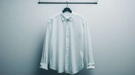 White shirt hanging on a hanger on a gray wall background.の素材