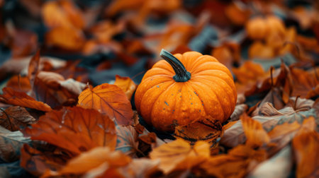 Autumn background with pumpkins and leaves. Selective focus.の素材