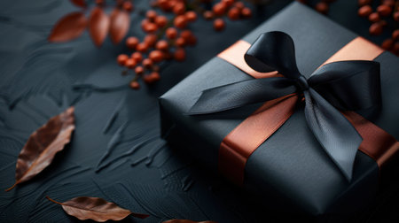Black gift box with black ribbon and autumn leaves on black background.の素材