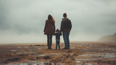 A young family with a child walking on the beach in the rain.の素材