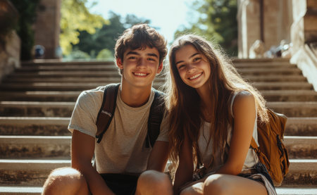Portrait of a happy young couple sitting on stairs and looking at cameraの素材
