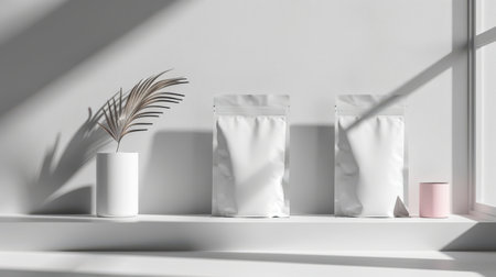3d render of white cosmetic bag mockup on shelf in white room with shadows.の素材