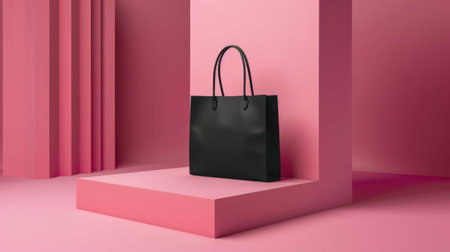 Black shopping bag on pink background, 3d rendering. Computer digital drawing.の素材