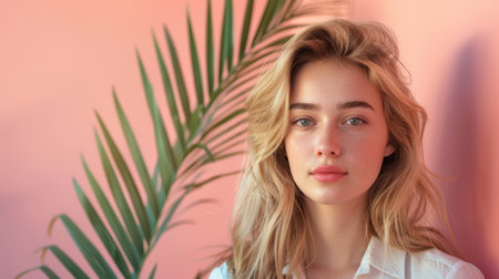 Portrait of a beautiful girl with blond hair in a white shirt on a pink backgroundの素材