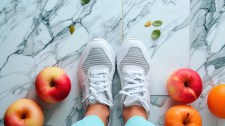 Fitness and healthy lifestyle concept. Top view of female legs with sneakers and applesle backgroundの素材