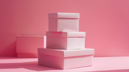 Stack of white boxes on pink background. 3D render illustration.の素材