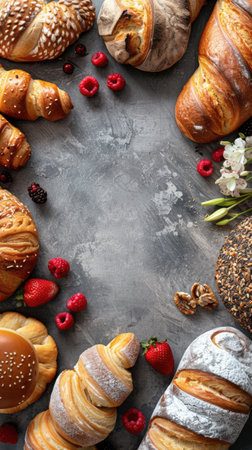 Freshly baked buns and croissants with berries on grey backgroundの素材