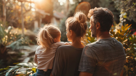 Back view of happy family with little daughter looking at each other in gardenの素材