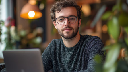 Portrait of handsome young man in eyeglasses using laptop while sitting in cafeの素材